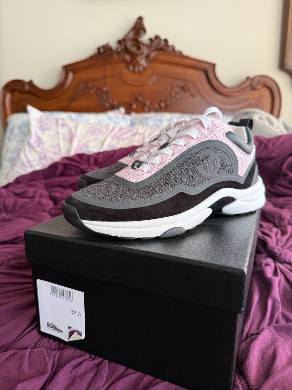CHANEL Pink and Gray Tweed Knit Women's Sneakers